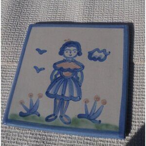 M A Hadley Pottery Title Trivet Country Scene With Woman girl 5 7/8" (6 inch)